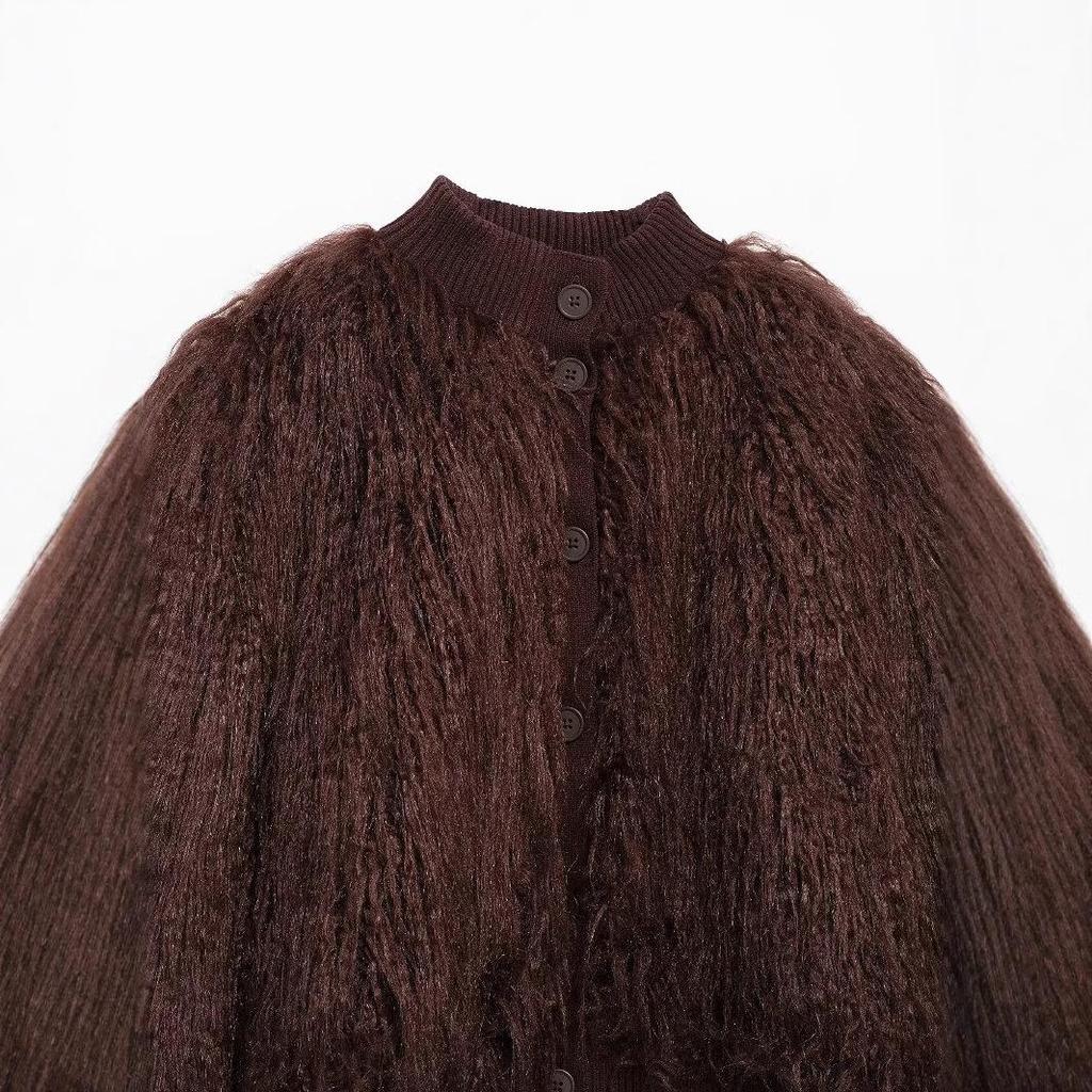 2024 Winter Women's Fashion European & American Style Faux Fur Knit Cardigan