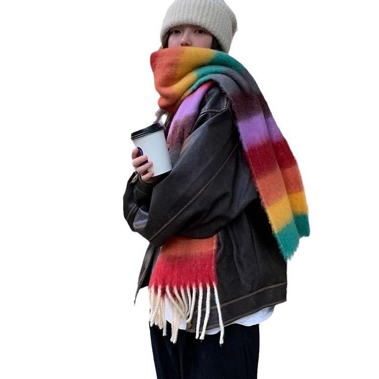 Dopamine Rainbow Mohair Scarf for Women, Korean Style Winter Warm Tassel Premium Student Large Neck Warmer, Thickened New Style