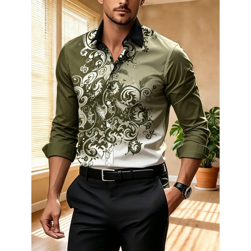 Men's Contrasting Baroque Printed Long Sleeved Shirt, Slim Fit Collar Shirt, European and American Party Trend Men's Top