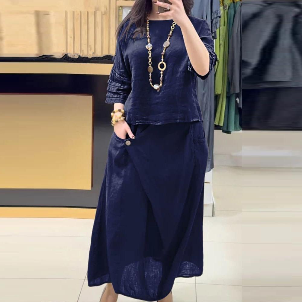 Women Two Piece Set Women's Summer Linen Outfit Set Short Sleeve Top Midi Skirt Elegant 2-Piece Lounge Set with for Ladies