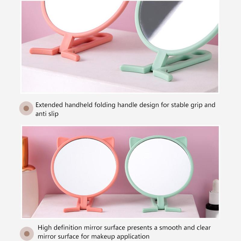 1 Stück Einfache Katzenohren Handheld HD Make-up-Spiegel Tragbar Faltbar Dual-Use Schreibtischspiegel Günstiger Studenten Hand-Make-up-Spiegel