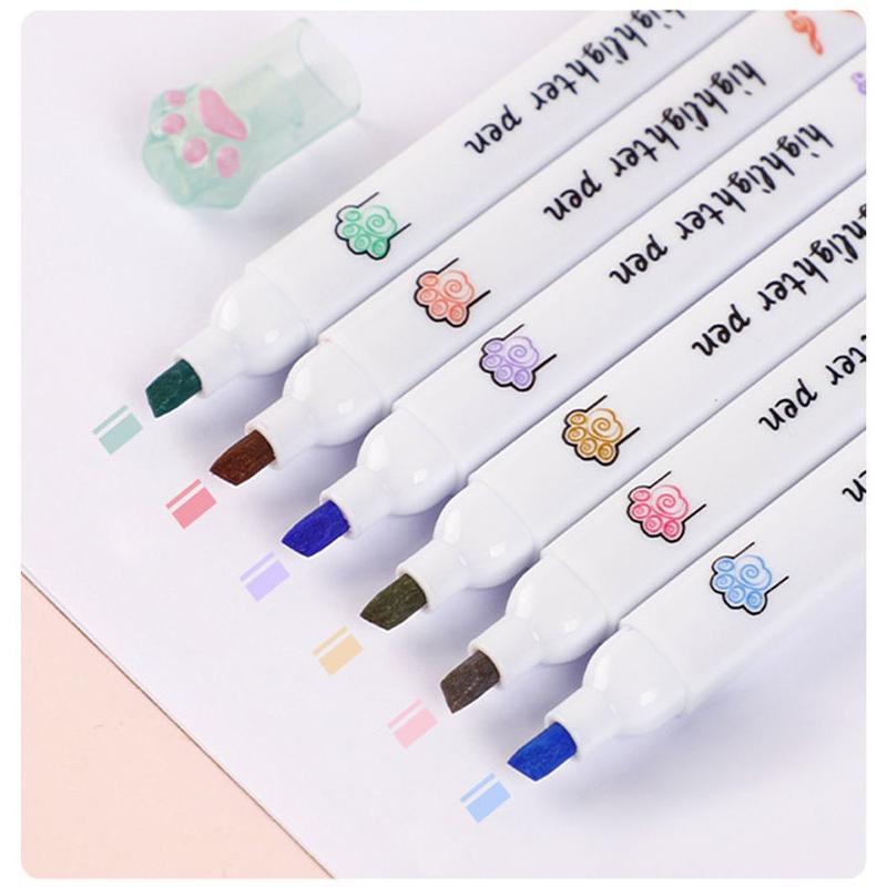 6 Pieces Kit Kawaii Cat Paw Highlighter 6 Colors Slanted Tip Markers Liquid Ink for Student School Stationery Office Supplies