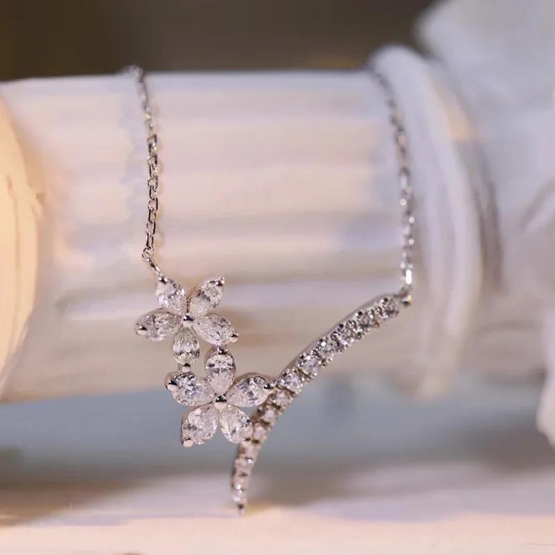 Exquisite Zircon Flower Women Pendant Necklace Fashion Beautiful  Sterling Silver Chain Wedding Girlfriend Choker