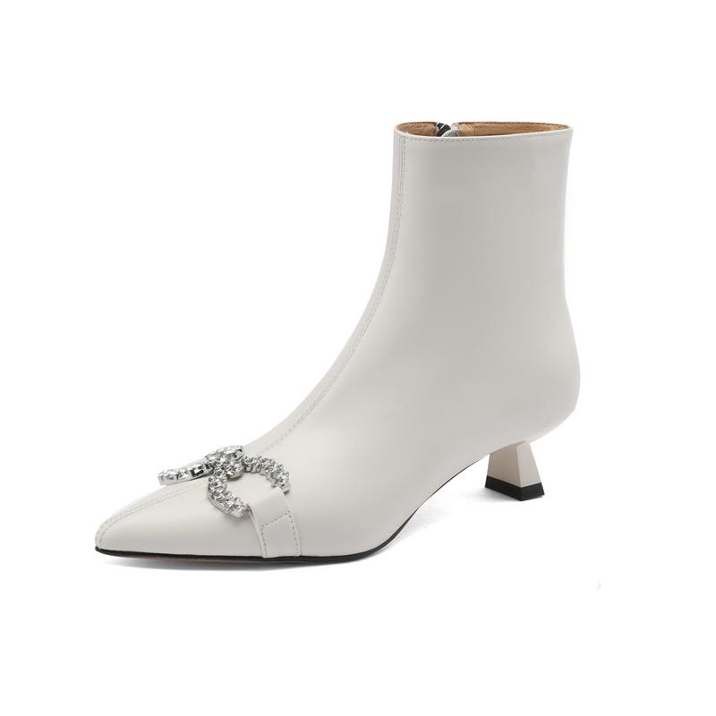 

Модные женские новые осенне-зимние остроносые полусапожки из натуральной коровьей кожи на среднем каблуке, с ромбовидными украшениями 220 белый