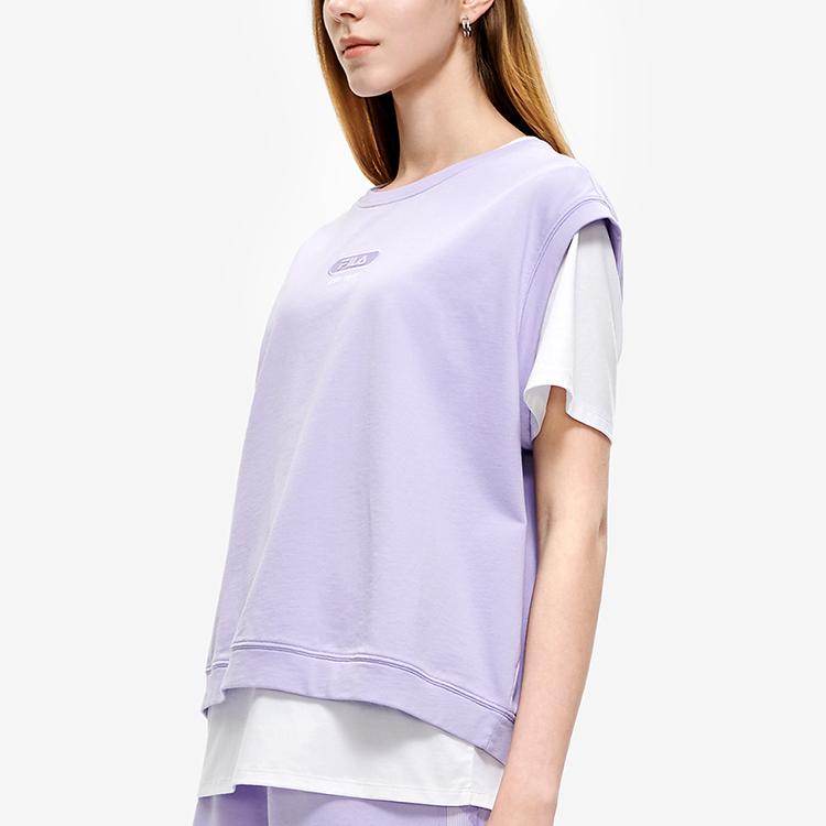 FILA Color Block Fake Two-Piece Round Neck Short Sleeve T-Shirt Women Tops Mousse-Purple F11W229114FVT