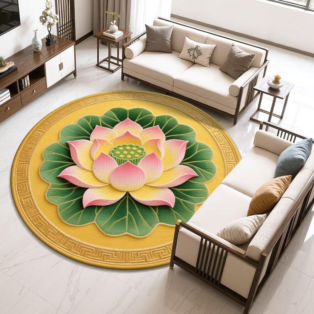 Lotus-Round Rug – Easy-Clean Meditation  Living Room Decor Rug with Chinese Floral Motif
