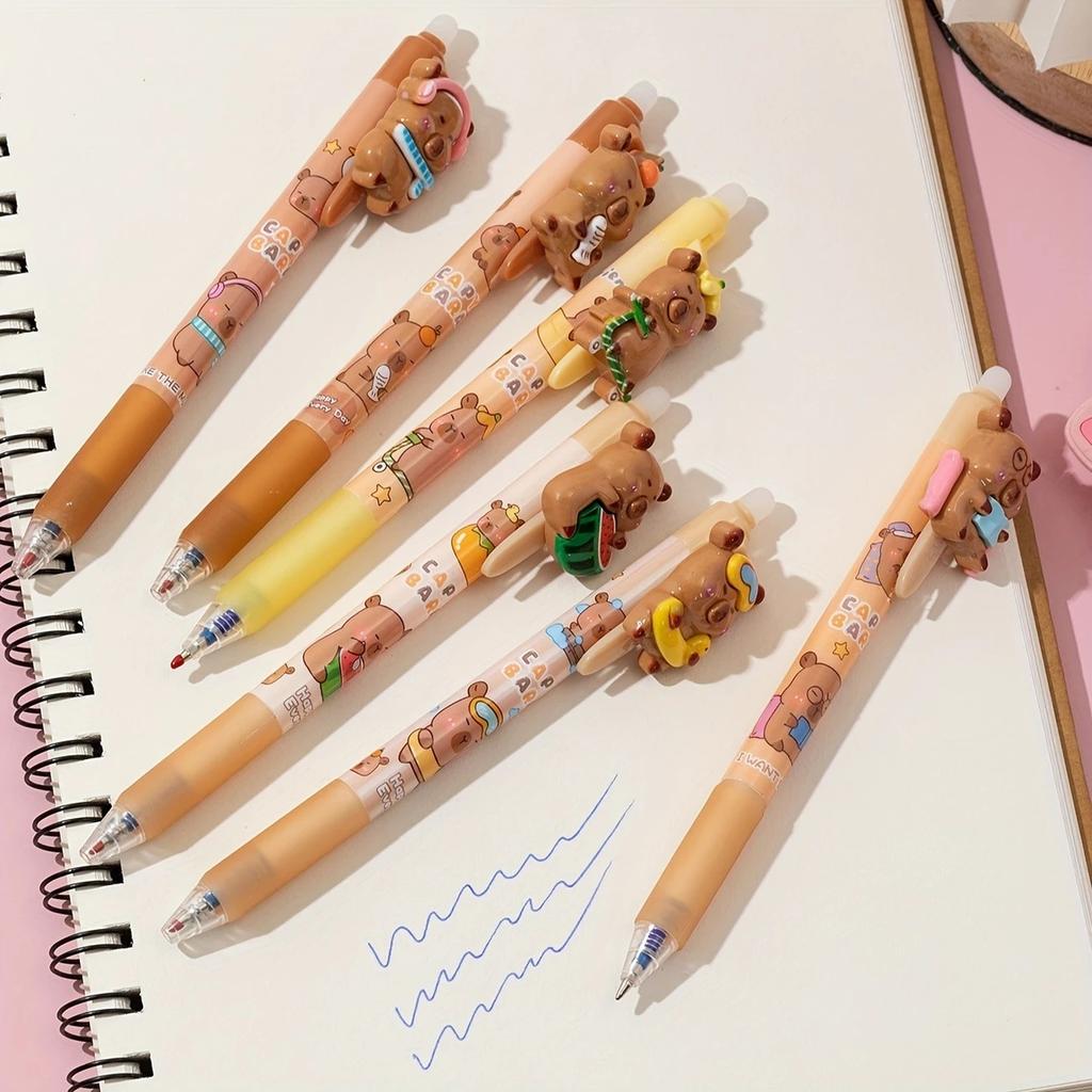 6pcs Set of Cute Capybara Retractable Gel Pens Plastic Medium Point 0.5mm for Students Office Workers Animal Lovers