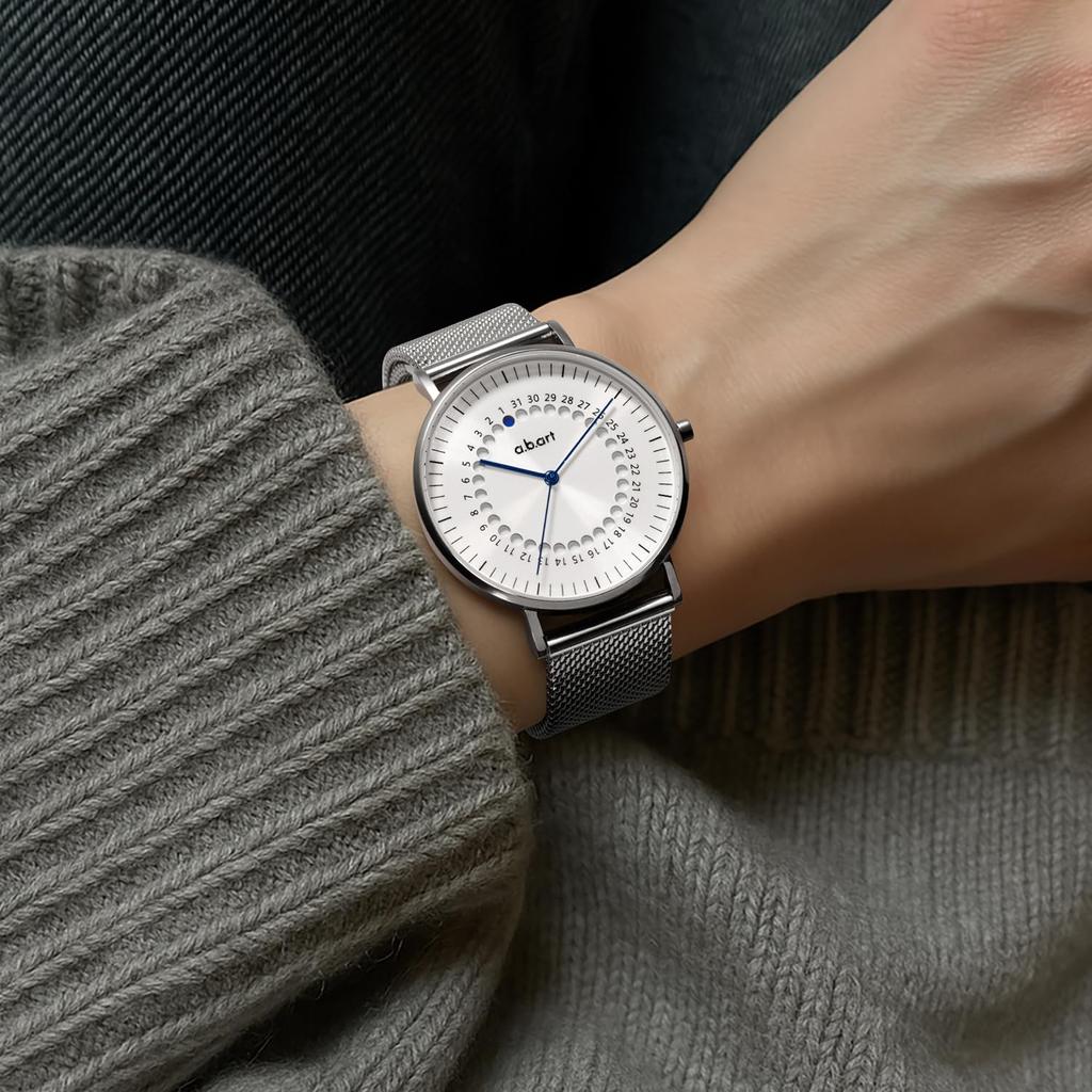 Quartz Watch with Swiss Sapphire 36mm White Silver Mesh Slim Minimalist Business Gift A.b.art Women's Parts, Crystal, Dial, Strap, Design, Waterproof,
