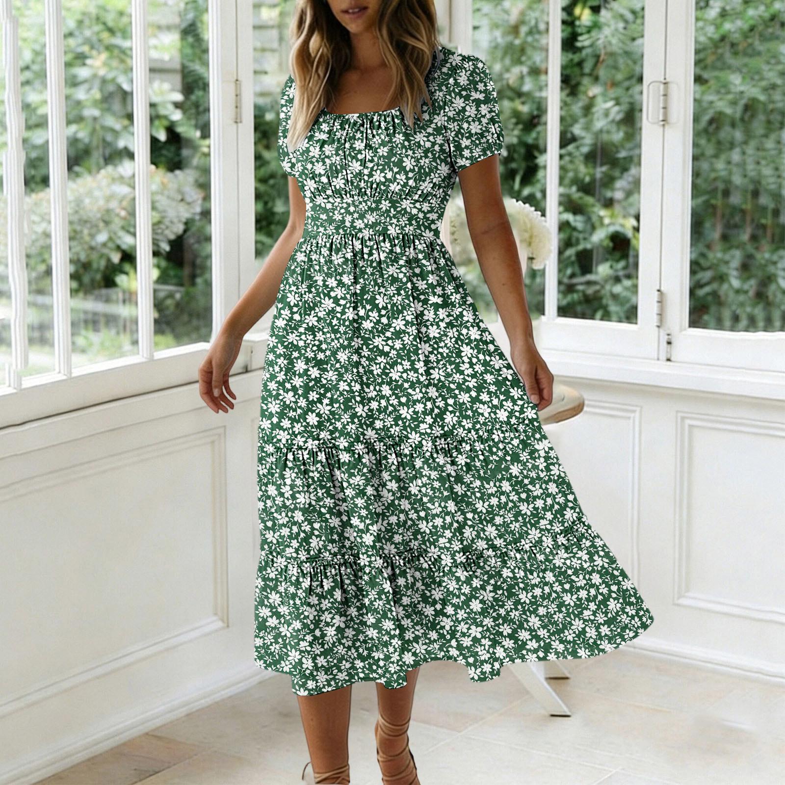 Women s Casual Floral Print Long Dress with Square Neck and Puff Sleeves L