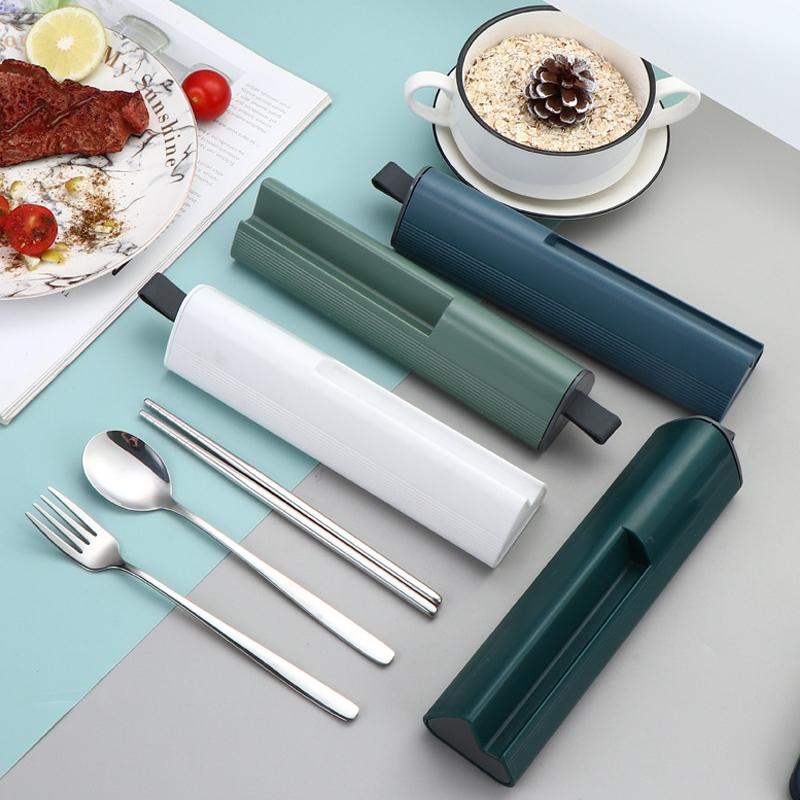 1Set Portable Stainless Steel Cutlery - Fork Spoon Chopsticks With Case Travel Camping Reusable Flatware Utensils Gadgets
