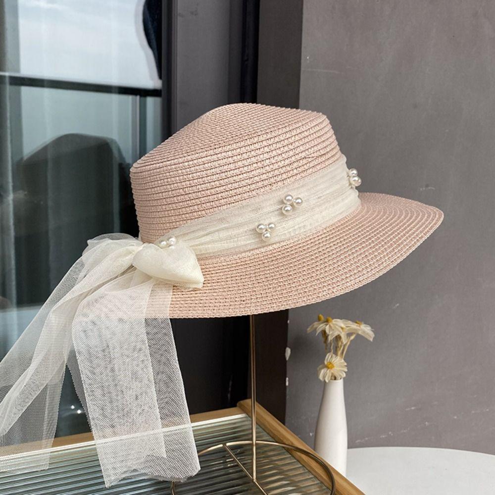 Pearl Summer Straw Hat Spring Summer UV Protection Cap Ins Wide Brim Sun Hat  Travel