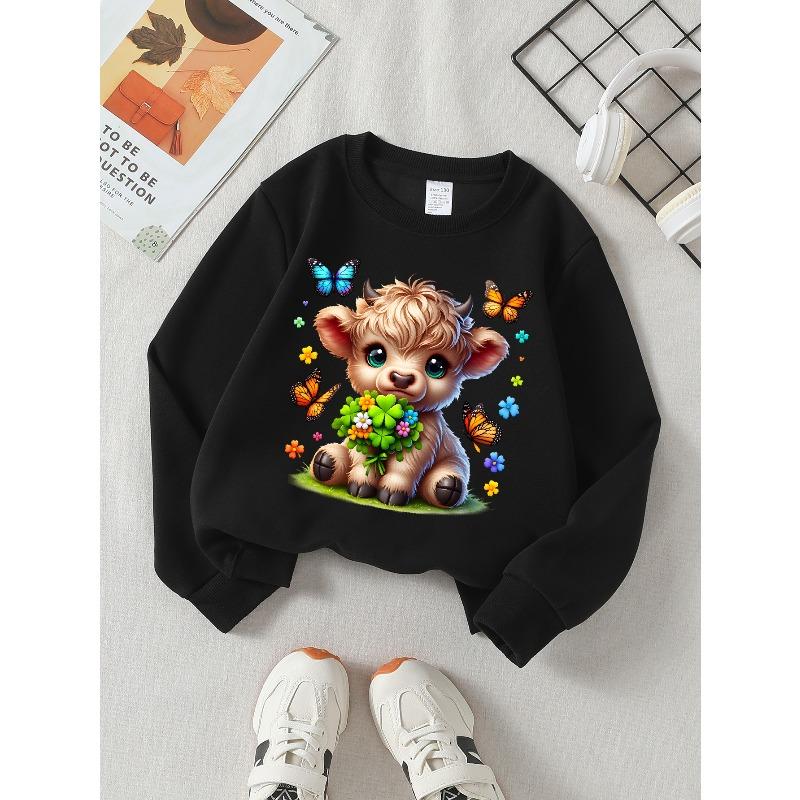 Girls' Crewneck Sweatshirt Cute Bull with Flowers And Butterflies Machine Washable, Spring And Autumn, Sportswear And Casual Wear
