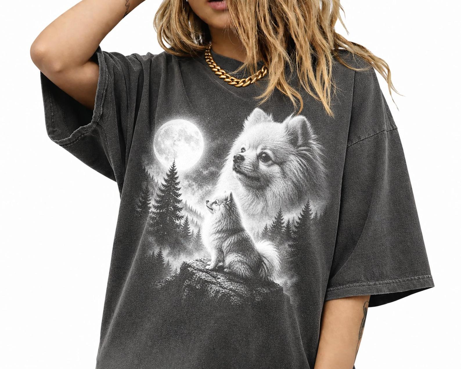 Vintage Pomeranian Howling Moon Shirt, Retro Dog Graphic Tee, 90s Animal Style L