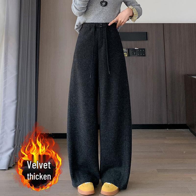 Xin Xin Women's Plus Velvet Thick Woolen Curved Leg Trousers - Loose, Straight, Wide-Leg for Autumn Winter 2025