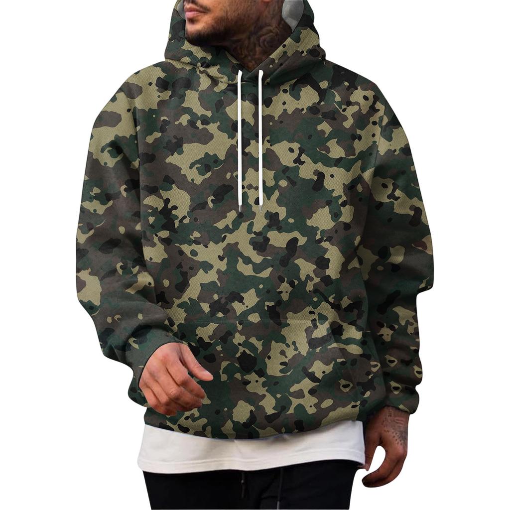 Men's Casual Hoodie with Retro Patchwork Print and Single Pocket