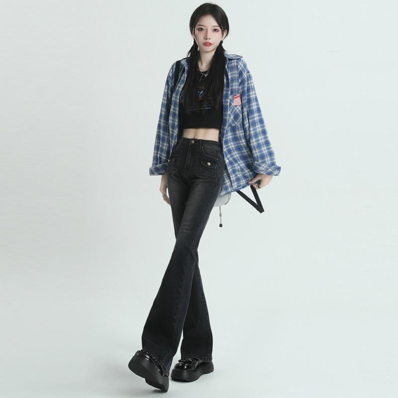 Retro Cargo Jeans for Women Slim Fit Flared Pants Stretch High Waist Denim Trousers Fashion Streetwear Y2k Female Clothing
