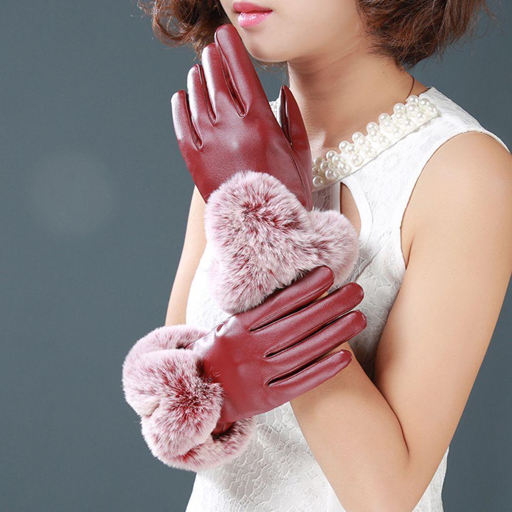 Cycling Women Leather Gloves Driving Fur Wrist Mittens Gloves Winter Warm Gloves