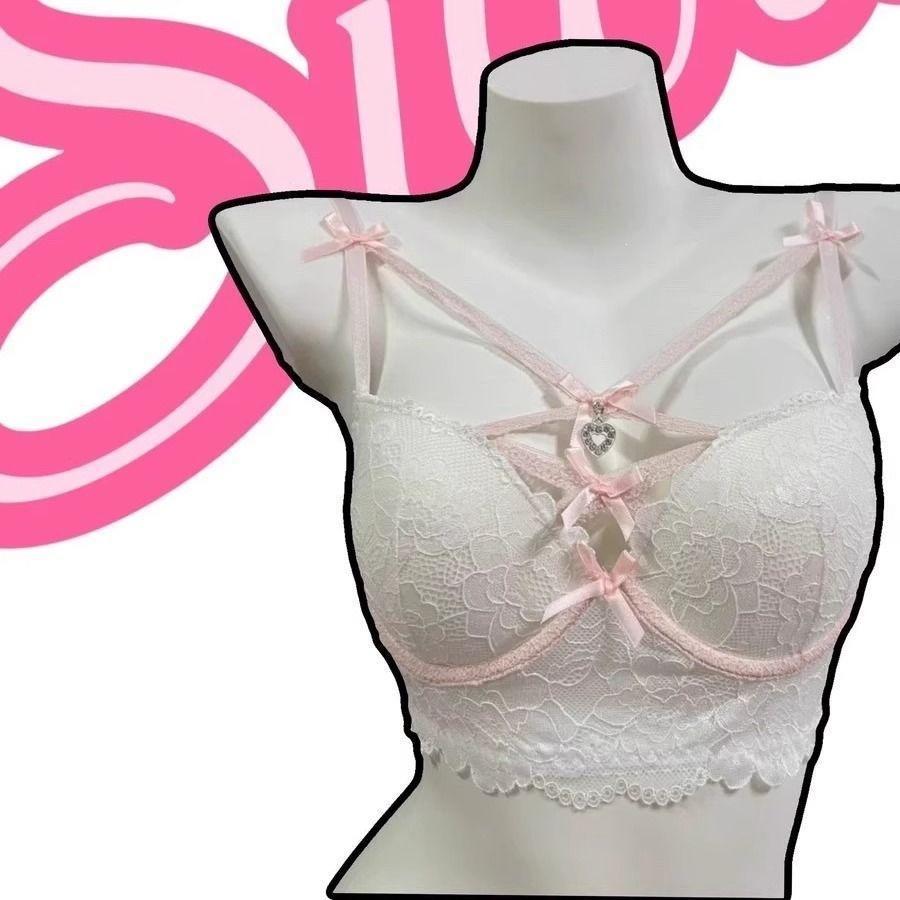 Teen Sexy Pure Lust Lace Small Chest Underwear Bra Show Big Cross Soft Steel Ring Bra Cover Set Gather