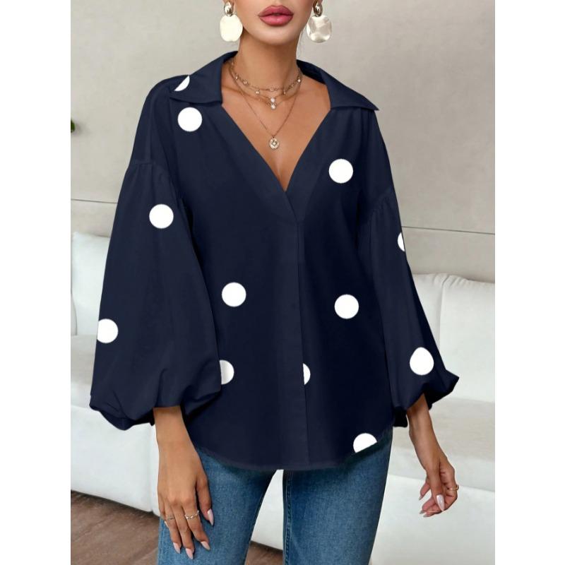 Elegante Blusa da Donna a Pois Larga con Scollo Semiaperto Top Casual a Maniche Lunghe Scollo a V Primavera Autunno Stampata Dolci Camicie Semplici da Ufficio per Signore