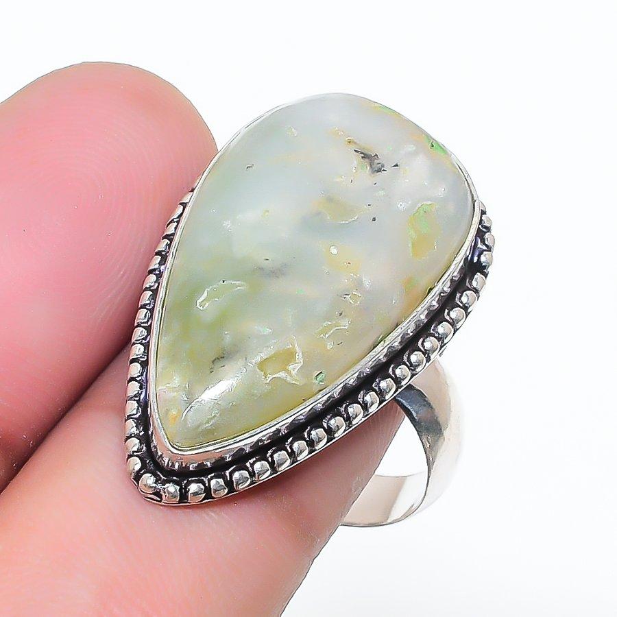 Natural Prehnite Gemstone Handmade 925 Sterling Silver Jewelry Ring Size 8 AR-17007