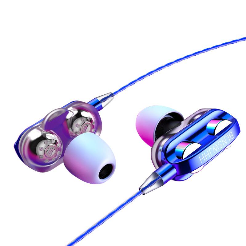 Dual Moving Coil Quad-core Earphones Wire-controlled Earphones Subwoofer Heavy Bass Earphones
