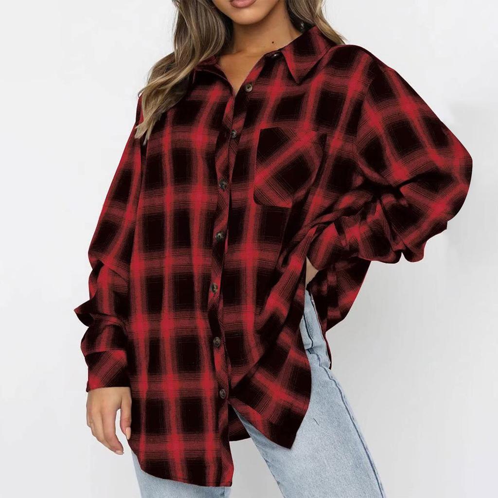 Women's And Winter Mid-Length Lapel Cardigan Single-Breasted Pocket Plaid Shirt Top