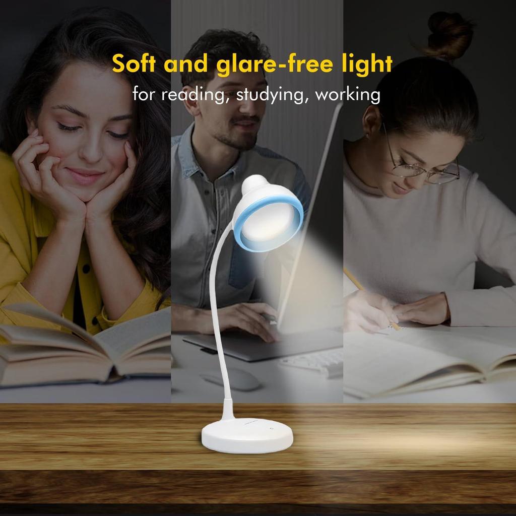 LED Table Lamp, Round and Flexible Design with 3 Grade Dimming, 6W Desk Lamp for Study with Adjustable Neck, White, ABS, Pack of 1