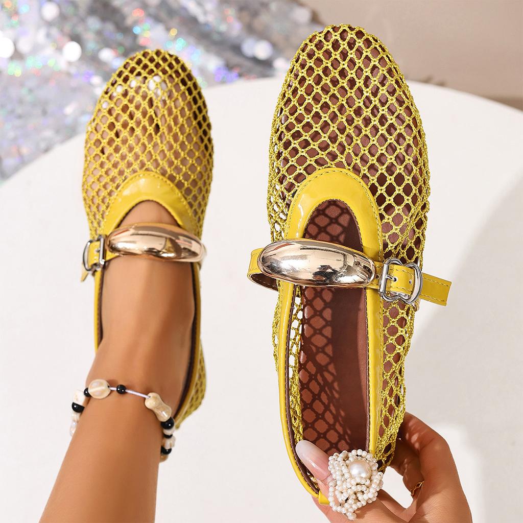 Women's Summer Ballet Flat Sandals Hollow Mesh Breathable Slip On Buckle Closure Comfortable Casual Shoes