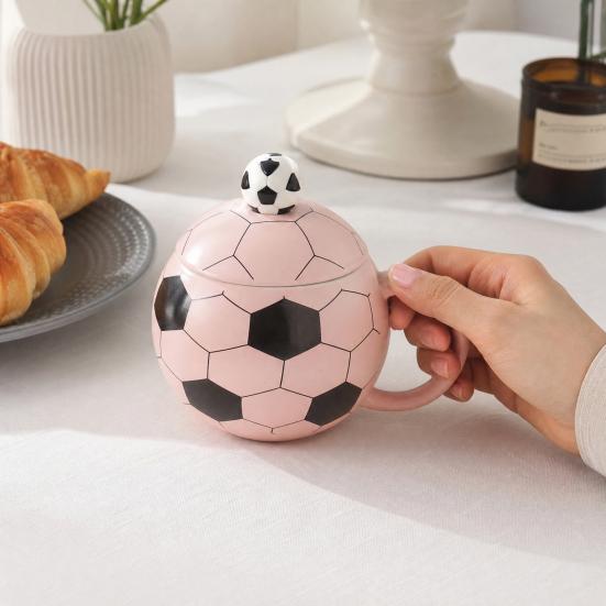Sports Theme Soccer Cup with Lid, 400ml Ceramic Football Shaped Coffee Cup in Gift Box, Ceramic Drinkware for Home Office, Fan Gift