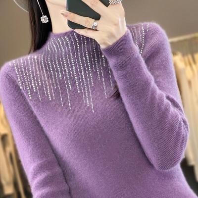 Women's Half Turtleneck Sweater,, 30% Cashmere 70% Wool, Diamond-studded Winter Knitted Pullover Autumn Sweater Cashmere Sweater