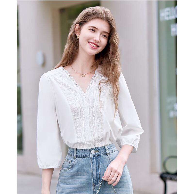 Betu Women's Spring V-Neck French Lace Trim Seven-Sleeve Shirt