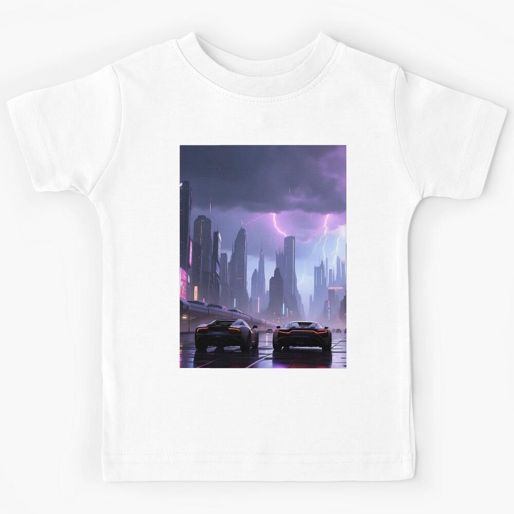 Futuristic cityscape with neon lights under stormy sky. Kids T-Shirt 170