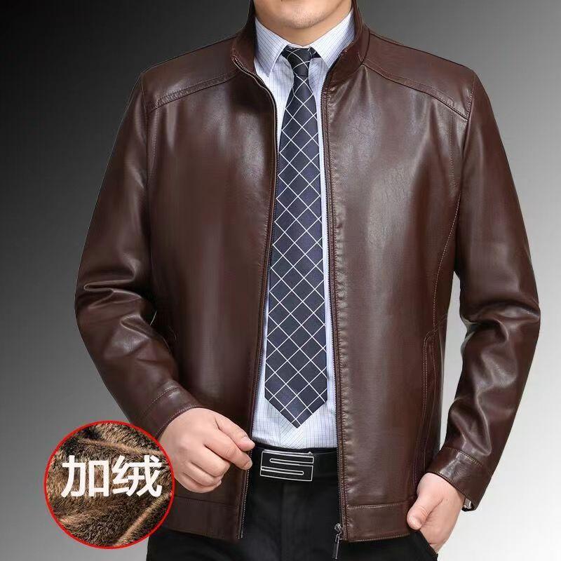 Jaqueta de couro pu masculina de meia-idade, casaco de couro grosso com lã, gola de lapela casual, primavera, outono e inverno