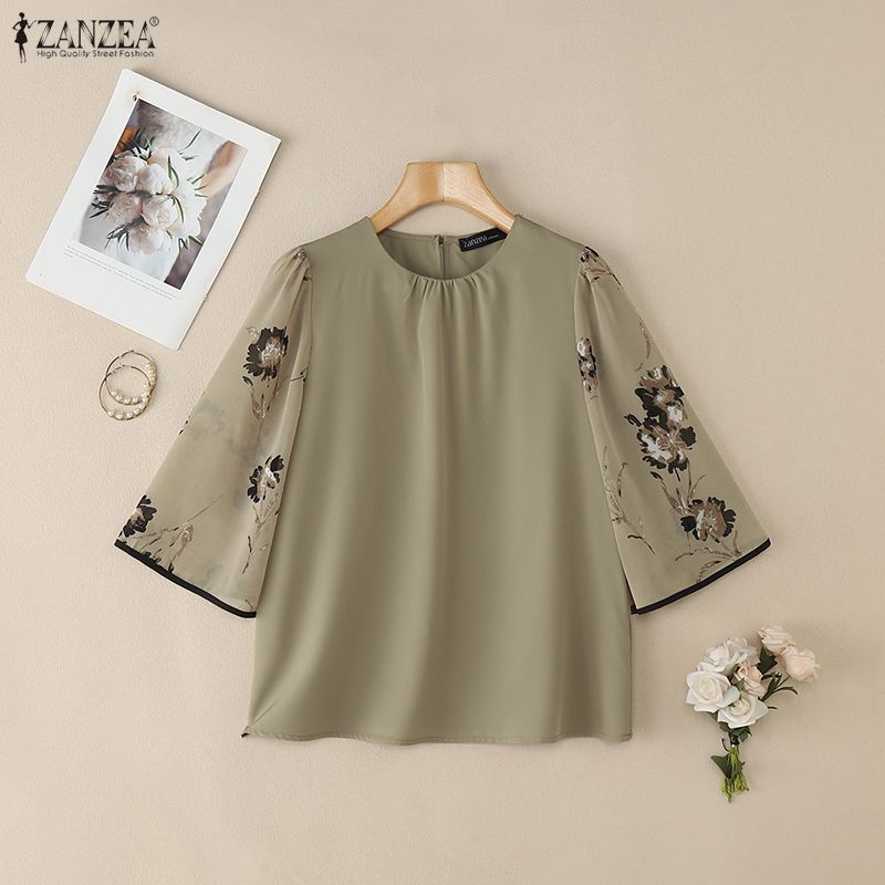 ZANZEA Women Casual Round Neck Loose Splice Half Sleeve Blouse