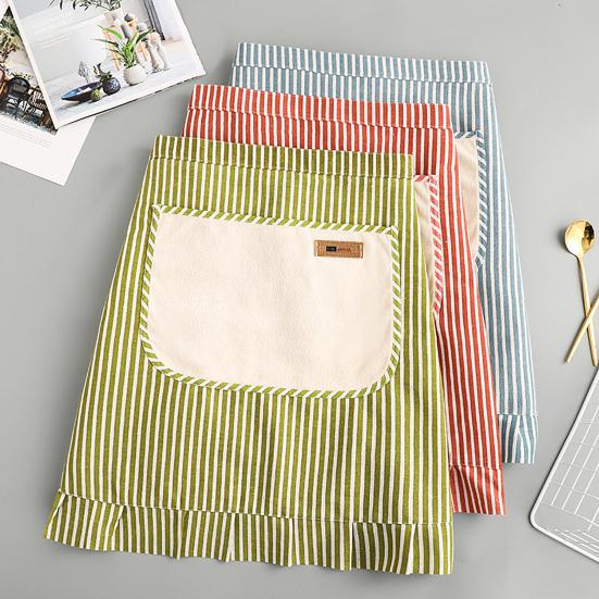 Mezzo Grembiule con Orlo Arricciato Grembiule con Pettorina Regolabile Tasca Grande Design a Righe Traspirante Grembiule da Vita in Cotone-Lino per Cucina, Cottura, Giardinaggio