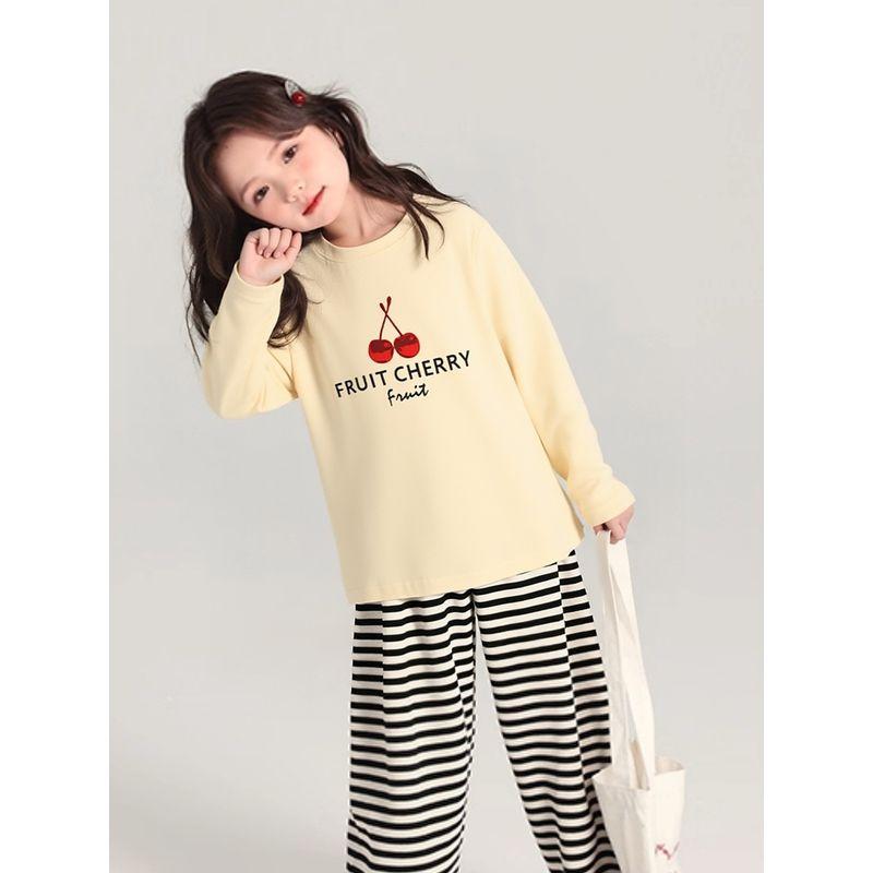 Trendy Children's Clothing Korean Style Long-Sleeve T-Shirt for Older Kids, Autumn Girls' Pure Cotton Base Shirt with Cherry Print Ins