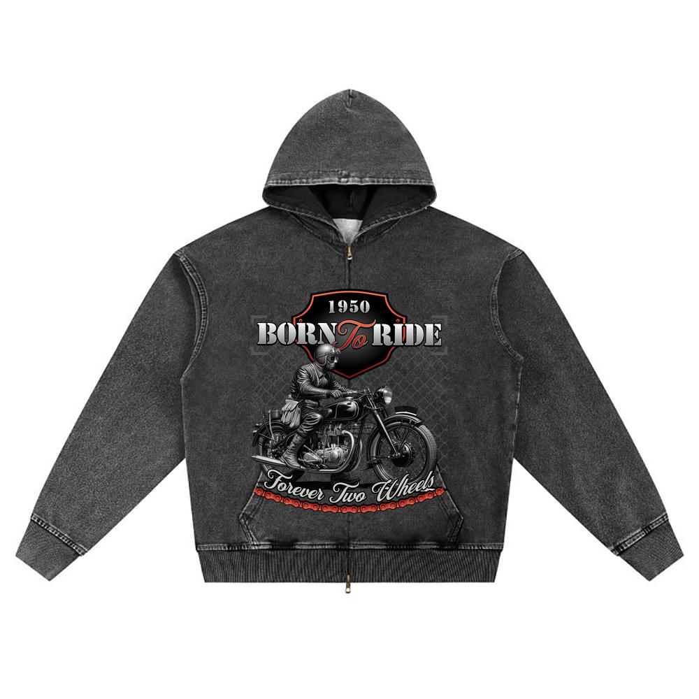 DTG Print Knitted Denim Zip-Up Hoodie Born To Ride Brother Print Zipper Hoodies