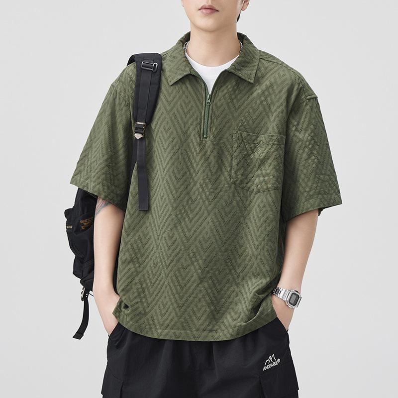 

American Retro Texture Short-sleeved Shirt Men s Polo Collar Japanese Pure Cotton Loose Short-sleeved Shirt M