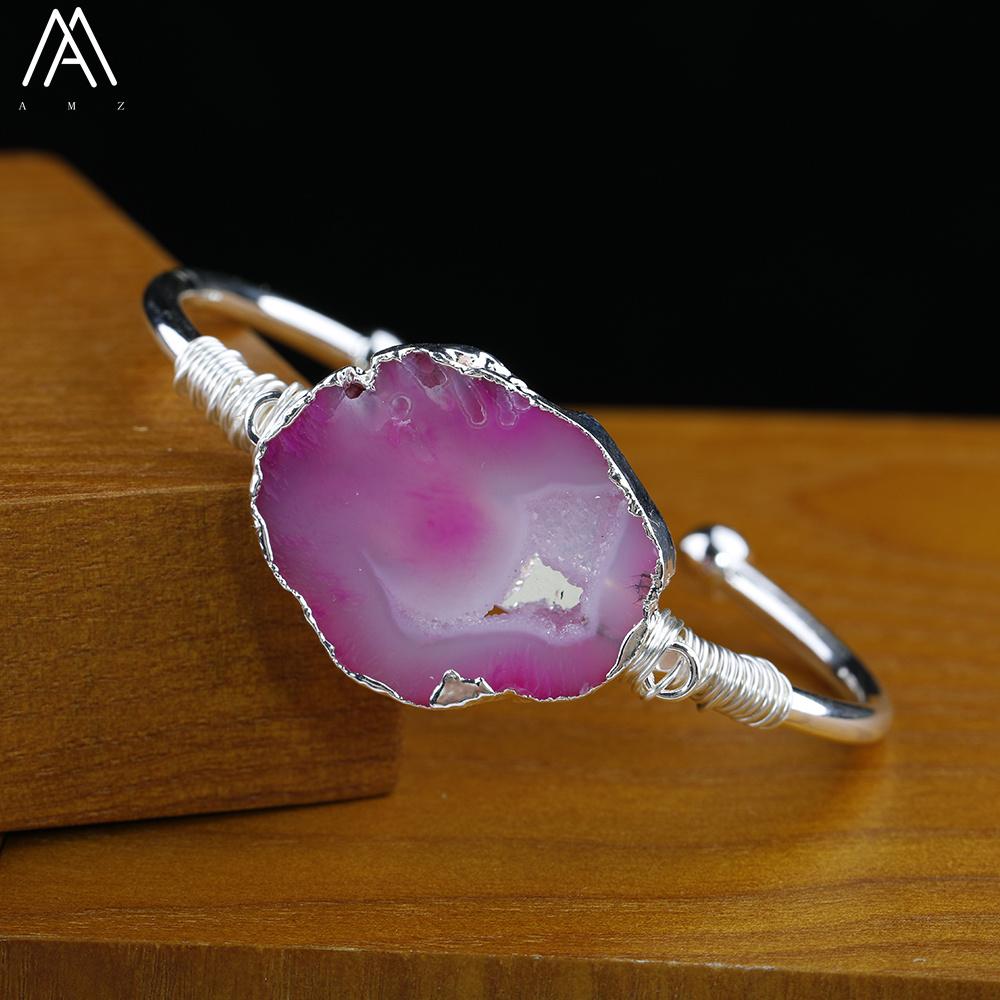 Silver Copper Wire Wrapped Agate Geode Stone Open Cuff Bracelet For Women Druzy Drusy Bracelet Handmade Jewelry Gift Dropship