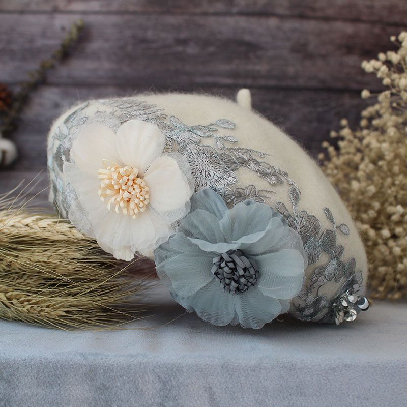 Women's Hat Original Embroidered Beret Women's Autumn/winter Floral Painter Hat Wool Pumpkin Hat