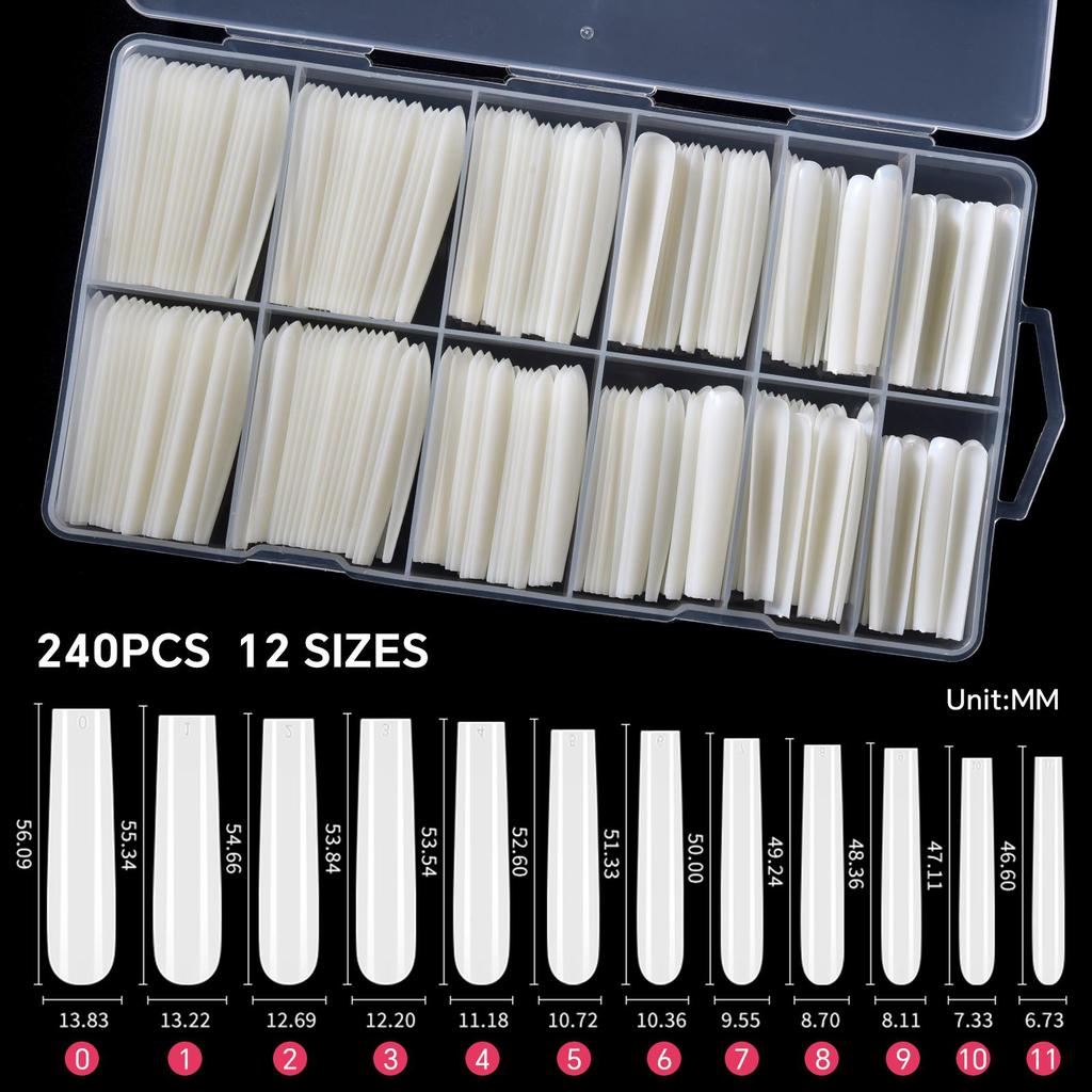 240PCS/Box False Nail Tips Square Straight Extra Long Half Cover Nails Clear/Natural Acrylic Fake Nails Extension Manicure Salon