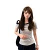 Contrasting color striped slanted shoulder short-sleeved t-shirt women's summer new lazy feeling slim and thin off-the-shoulder strap top