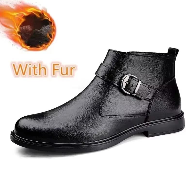 Fashion Winter Men Genuine Leather Warm Fur Ankle West Cowboy Boots Casual Men Side Zipper Non-slip Comfort Soft Trend Walking Boots