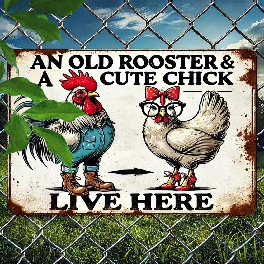Vintage Metal Sign Old Rooster Cute Chick Rustic Farmhouse Wall Art Home Decor