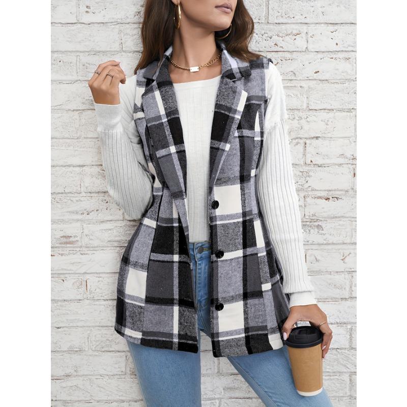 YYFS Women's Fashion Casual Plaid Print Autumn Winter Sleeveless POLO Neck Jackets & Coats