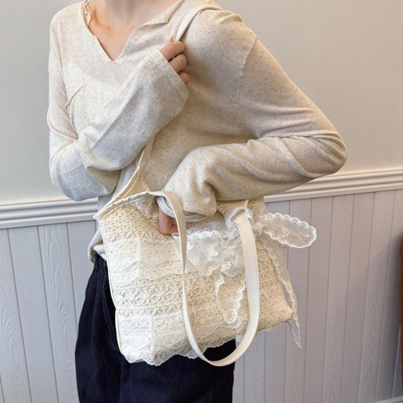 Korean Sweet Lace Hollow Knitted Shoulder Bag Large-Capacity Holiday Casual Tote Bag