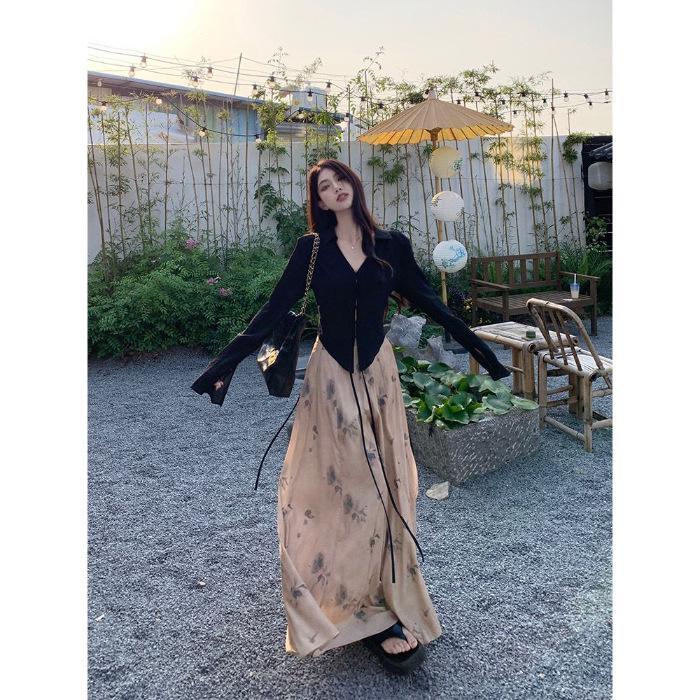 

Women s Slim Fit Sun Protection Set: Long-Sleeved Shirt and Skirt in New Chinese National Style XL