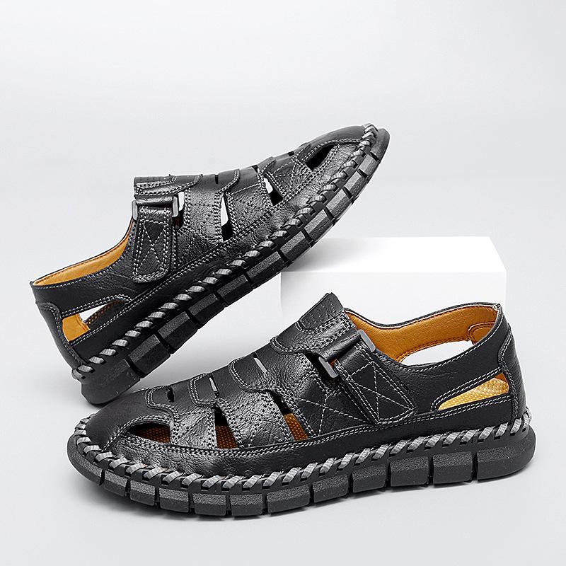 

Большие размеры, ручная работа, кожаные освежающие пляжные туфли, уличные мужские легкие сандалии 47 чёрный