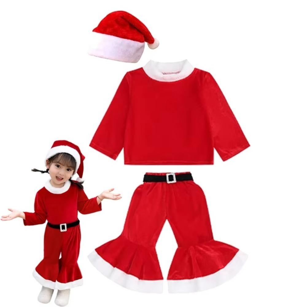 Red Santa Claus Children Christmas Clothes Cosplay with Top Pants Hat Performance Costume Set Elf Outfits Soft Plush
