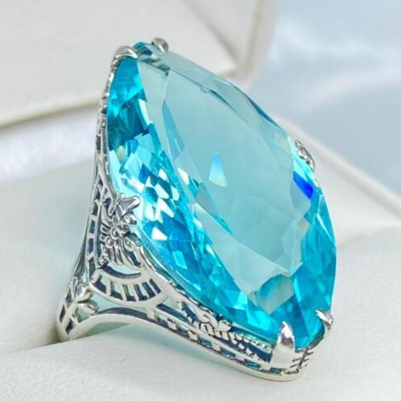 Elegant Inlaid Sea Blue CZ Women's Ring Aesthetic CopperColor Geometry Daily Wear Party Jewelry Anniversary Gift